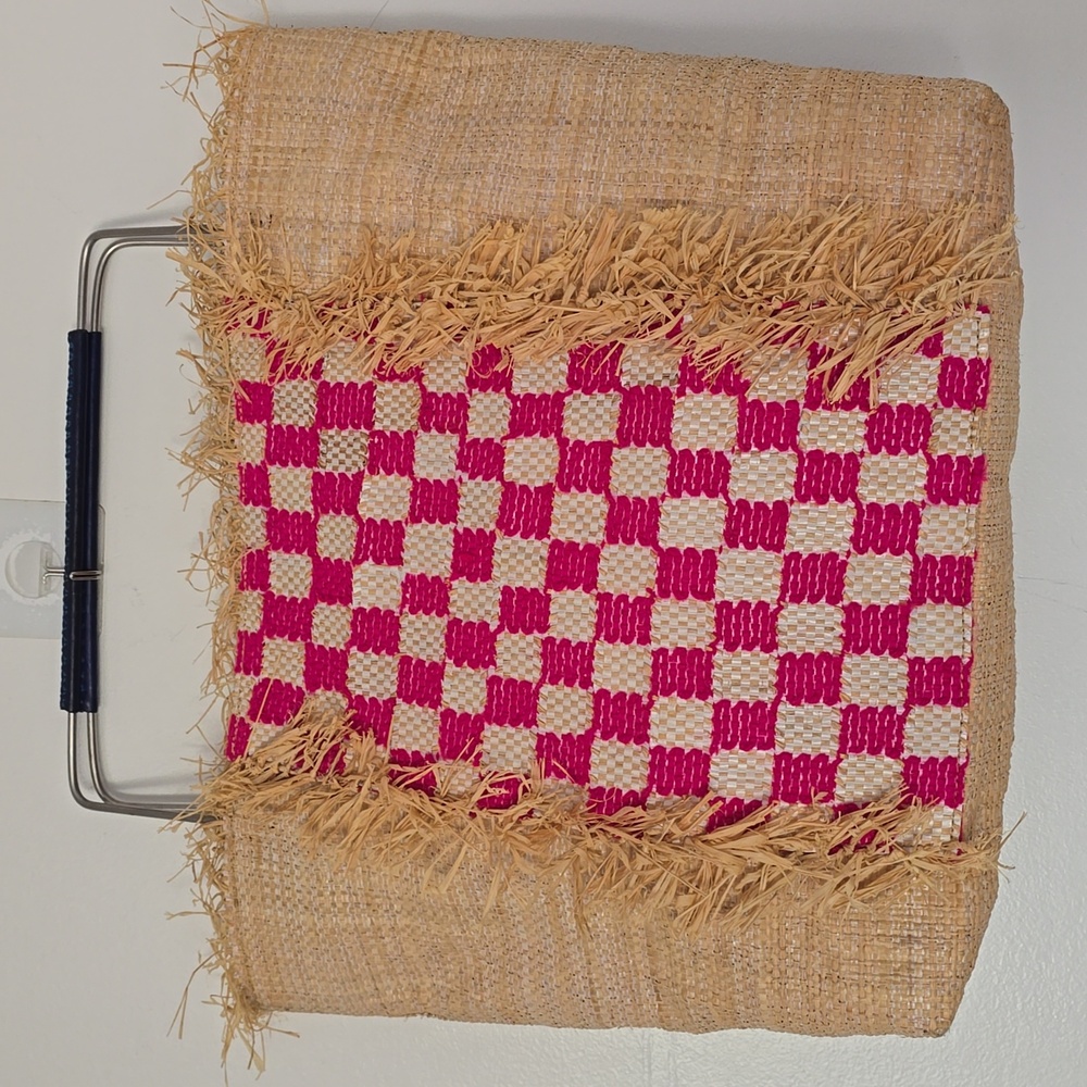 En Shalla Pink and Tan Woven Tote with Blue Handle